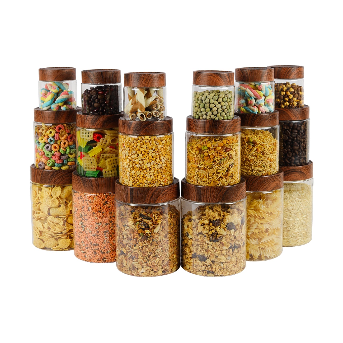 CORAL TRANSPARENT STORAGE JARS - SET OF 18 - WITH WOODEN LIDS - 200 ml, 500 ml, 1000 ml