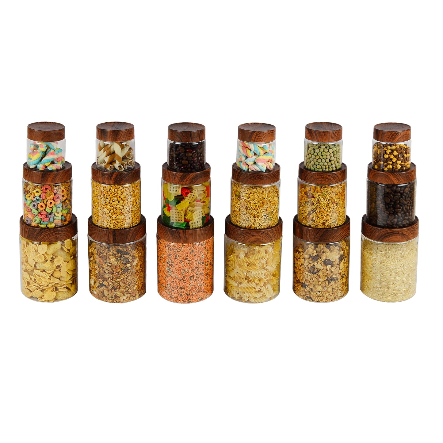 CORAL TRANSPARENT STORAGE JARS - SET OF 18 - WITH WOODEN LIDS - 200 ml, 500 ml, 1000 ml