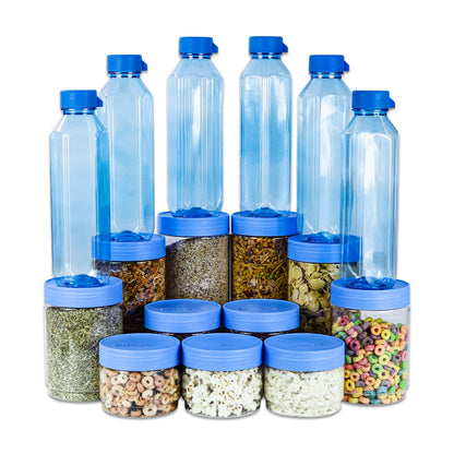 Pearlpet Sapphire Jar set of 11 pieces ( 3pcs x500ml, 2pcs x800ml, 2pcs x1100ml, 2pcs x1500ml, 2pcs x1800ml) With Topaz Water bottle Set of 6pcs 1000ml (Blue) |BPA-free |Durable |Leak Proof |Stackable Jars