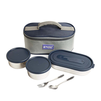 Pearlpet Executive Steel Lunch Box Set |2×300ml and 1×450ml |Leak-Proof Office Tiffin with Bag |Stylish & Travel-Friendly