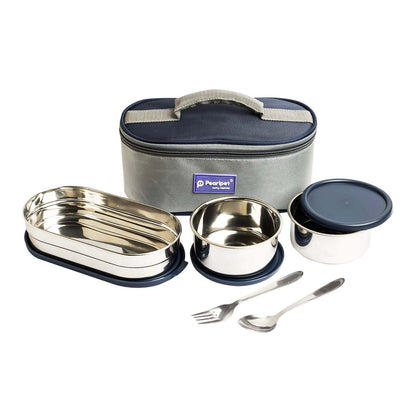 Pearlpet Executive Steel Lunch Box Set |2×300ml and 1×450ml |Leak-Proof Office Tiffin with Bag |Stylish & Travel-Friendly
