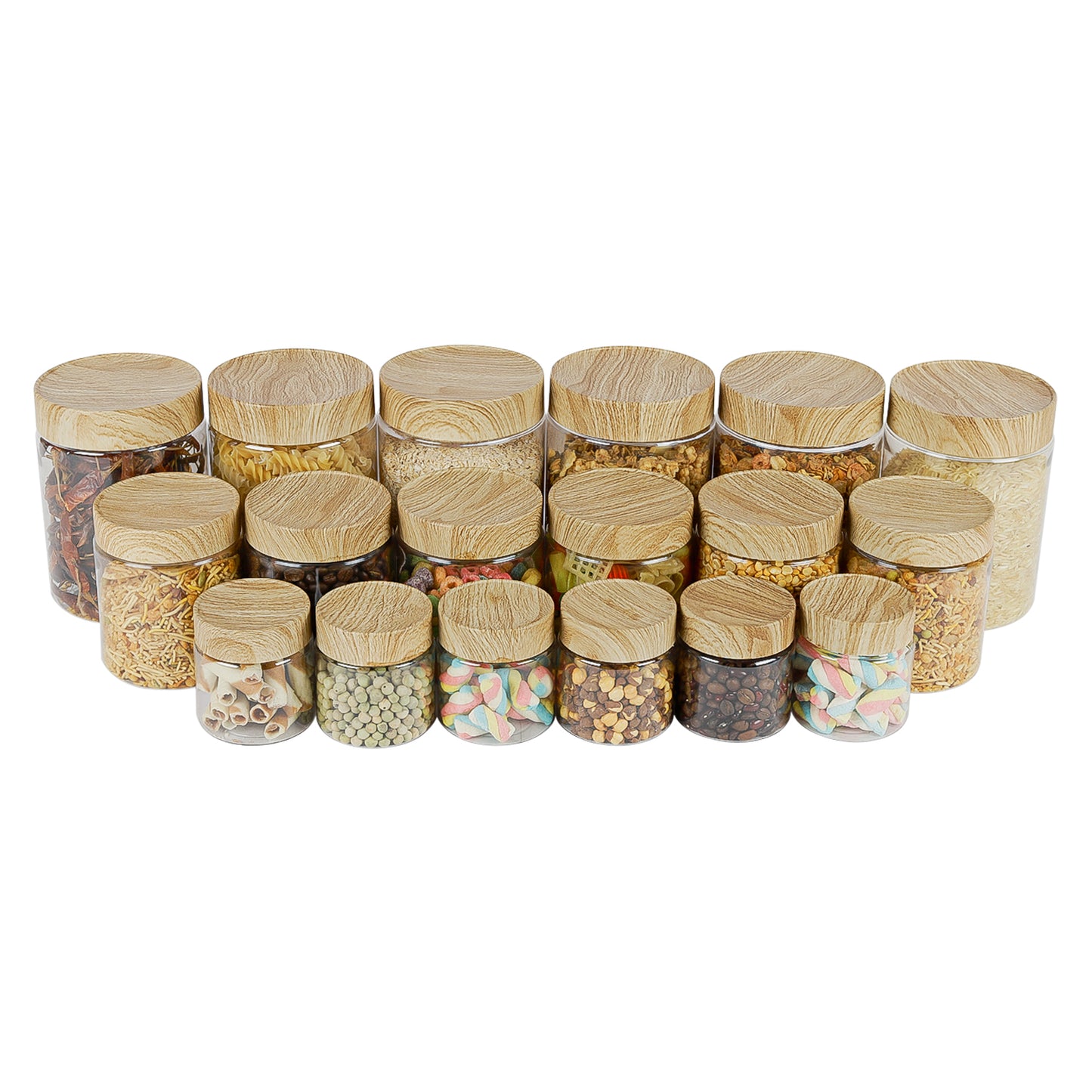 CORAL TRANSPARENT STORAGE JARS - SET OF 18 - WITH WOODEN LIDS - 200 ml, 500 ml, 1000 ml