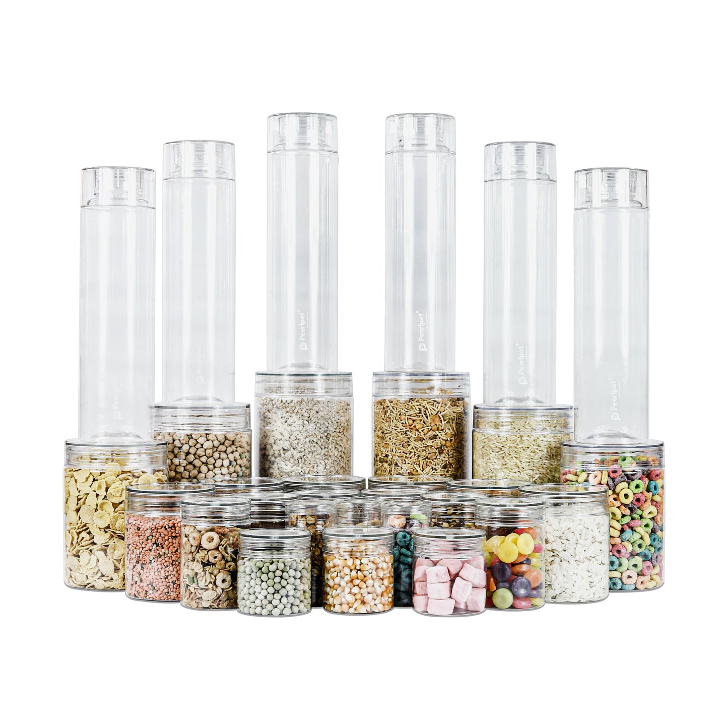 Pearlpet Tiffany Transparent Jars Set of 24 pieces (3pcs x100ml, 3pcs x200ml, 6pcs x300ml, 6pcs x500ml, 2pcs x1000ml, 2pcs x1400 ml, 2pcs x1700ml) with Hydrous bottle 6 pcs 1000ml (Transparent) |BPA-free |Leak Proof |Stackable Jars