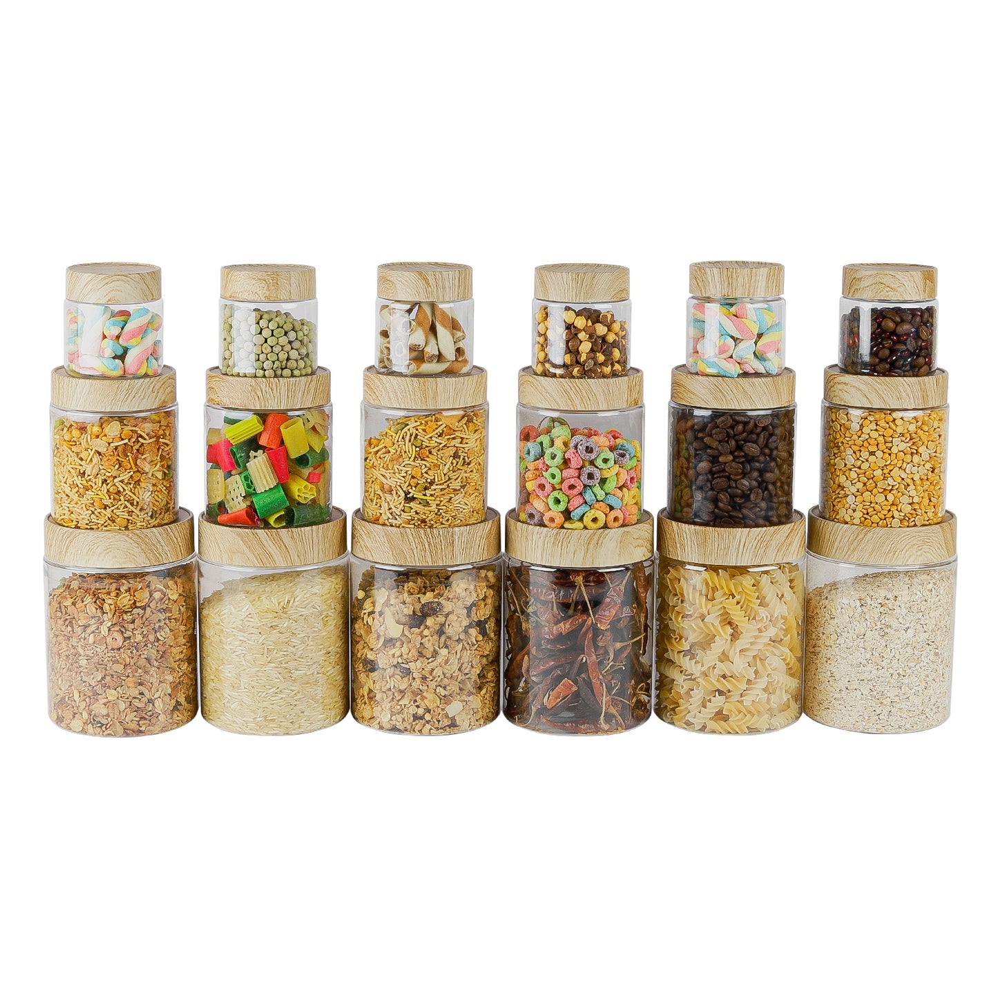 CORAL TRANSPARENT STORAGE JARS - SET OF 18 - WITH WOODEN LIDS - 200 ml, 500 ml, 1000 ml