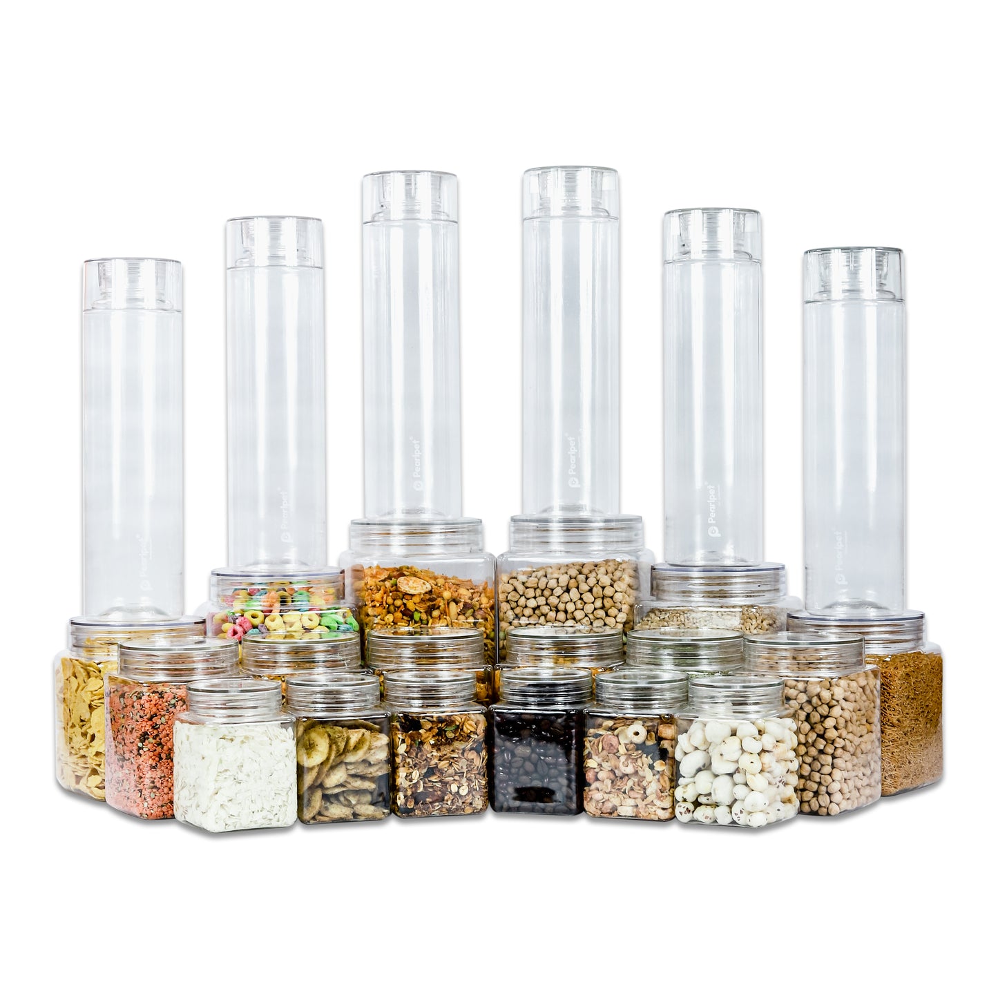 Pearlpet Pure Storage Jar Set of 18 pieces ( 6pcs x300ml, 6pcs x800ml, 2pcs x1000ml, 2pcs x1500ml, 2pcs x2000ml) With Hydrous bottle Set of 6pcs 1000ml (Transparent) |BPA-free |Durable |Leak Proof |Stackable Jars