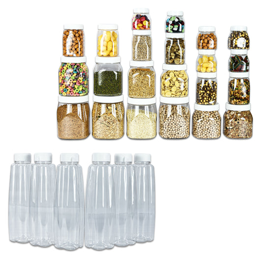 Pearlpet Space Saver Jar Set of 22 pieces ( 6pcs x200 ml, 6pcs x400ml, 3pcs x 600m, 3pcs x800ml, 4 pcs x1000ml) with Kohinoor Water bottle Set of 6pcs 1000ml (Transparent) |BPA-free |Durable |Leak Proof |Stackable Jars