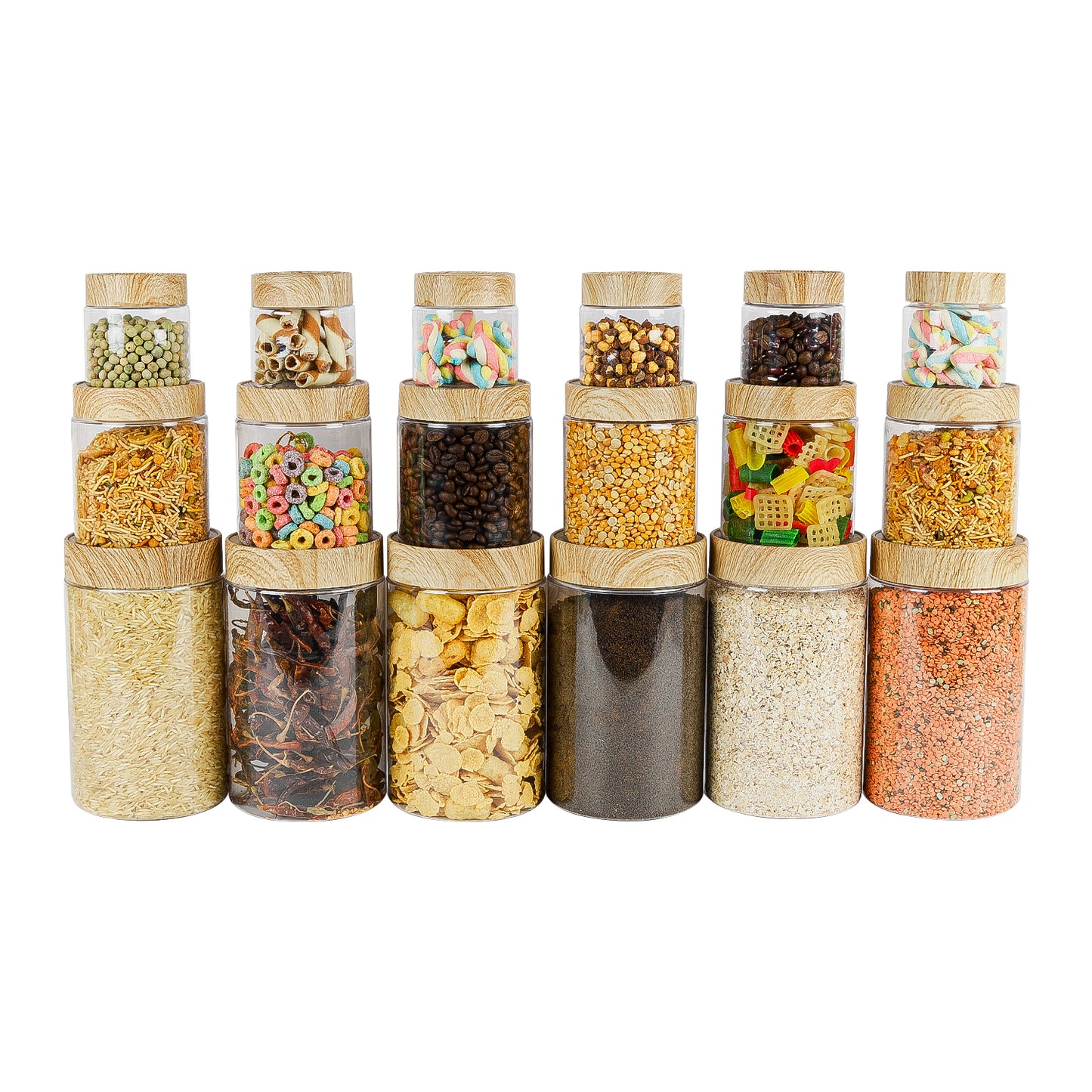 CORAL TRANSPARENT STORAGE JARS - SET OF 18 - WITH WOODEN LIDS - 200 ml, 500 ml, 1700 ml