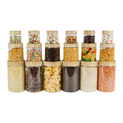 CORAL TRANSPARENT STORAGE JARS - SET OF 18 - WITH WOODEN LIDS - 200 ml, 500 ml, 1700 ml