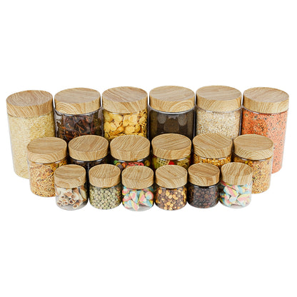CORAL TRANSPARENT STORAGE JARS - SET OF 18 - WITH WOODEN LIDS - 200 ml, 500 ml, 1700 ml