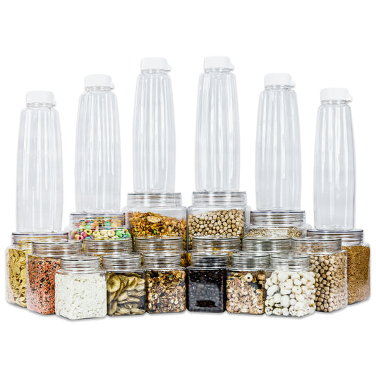 Pearlpet Pure Storage Jar Set of 18 pieces ( 6pcs x300ml, 6pcs x800ml, 2pcs x1000ml, 2pcs x1500ml, 2pcs x2000ml) With Kohinoor bottle Set of 6pcs 1000ml (Transparent) |BPA-free |Durable |Leak Proof |Stackable Jars