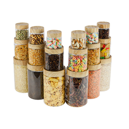 CORAL TRANSPARENT STORAGE JARS - SET OF 18 - WITH WOODEN LIDS - 200 ml, 500 ml, 1700 ml