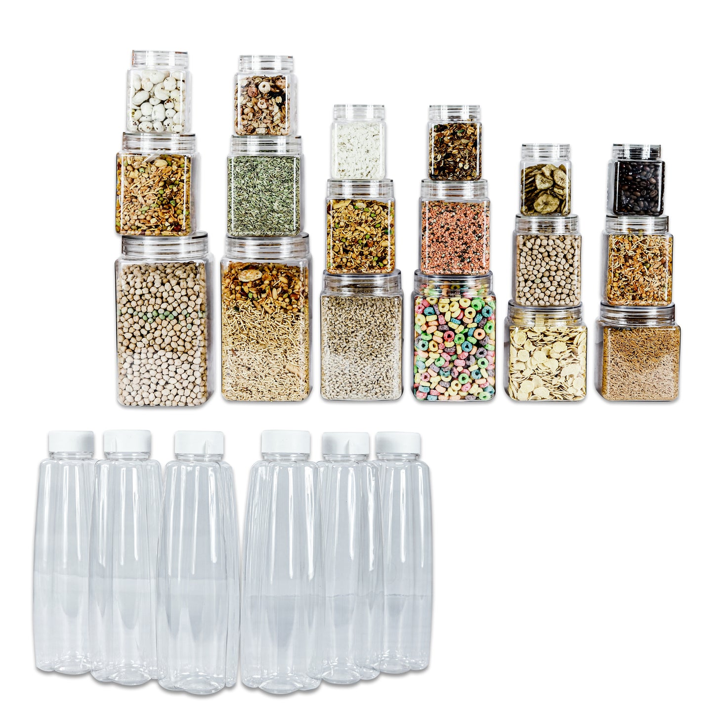 Pearlpet Pure Storage Jar Set of 18 pieces ( 6pcs x300ml, 6pcs x800ml, 2pcs x1000ml, 2pcs x1500ml, 2pcs x2000ml) With Kohinoor bottle Set of 6pcs 1000ml (Transparent) |BPA-free |Durable |Leak Proof |Stackable Jars