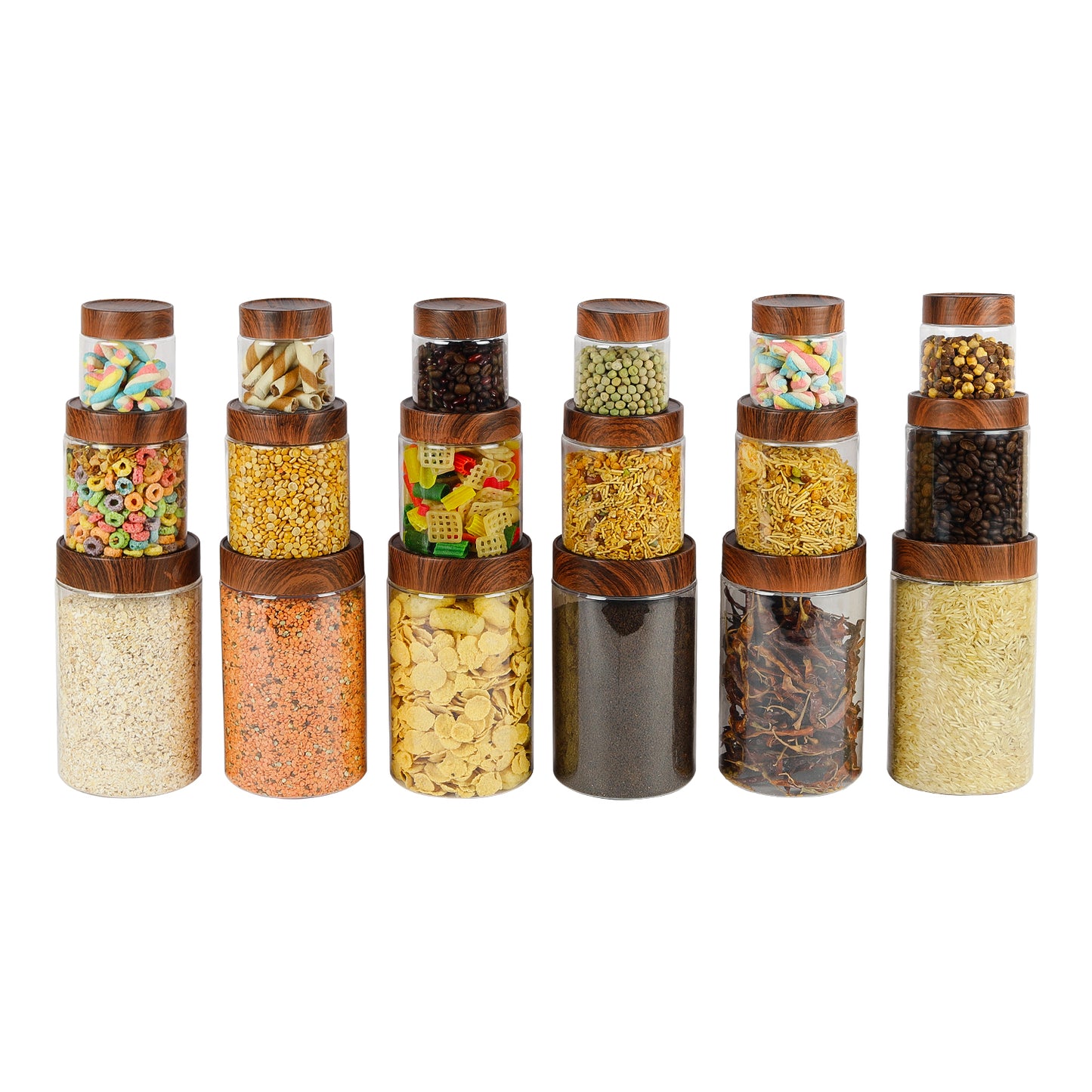 CORAL TRANSPARENT STORAGE JARS - SET OF 18 - WITH WOODEN LIDS - 200 ml, 500 ml, 1700 ml