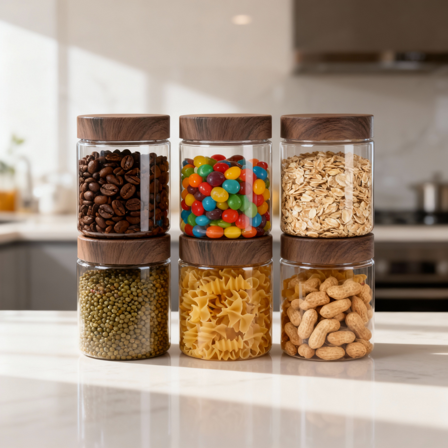 Coral Jars with Wooden like caps |Dark brown| Set of 6