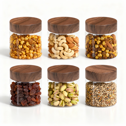 Coral Jars with Wooden like caps |Dark brown| Set of 6