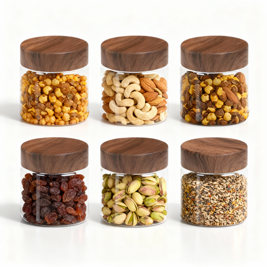 Coral Jars with Wooden like caps |Dark brown| Set of 6