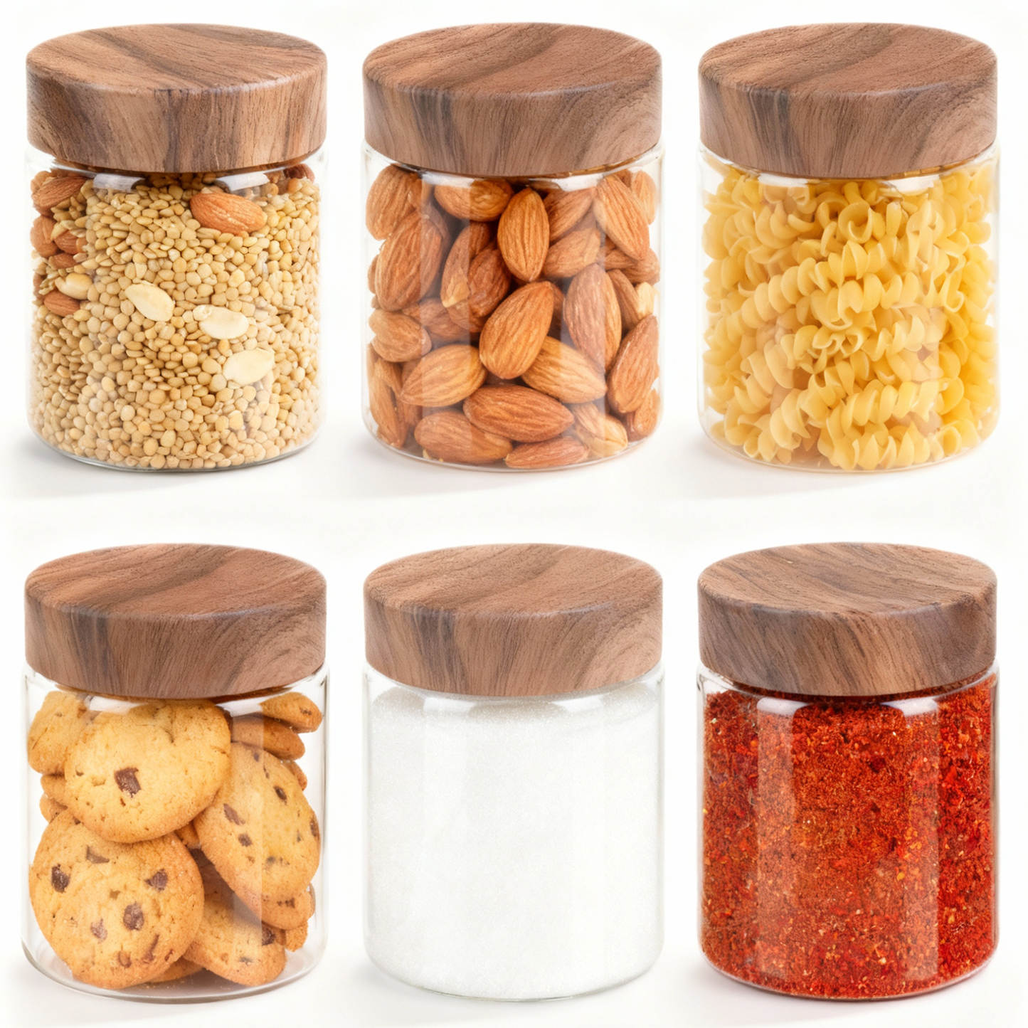Coral Jars with Wooden like caps |Dark brown| Set of 6